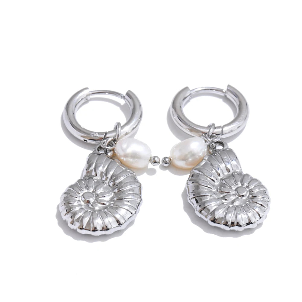 Ocean Style Pearl Conch Starfish Earrings | Stainless Steel