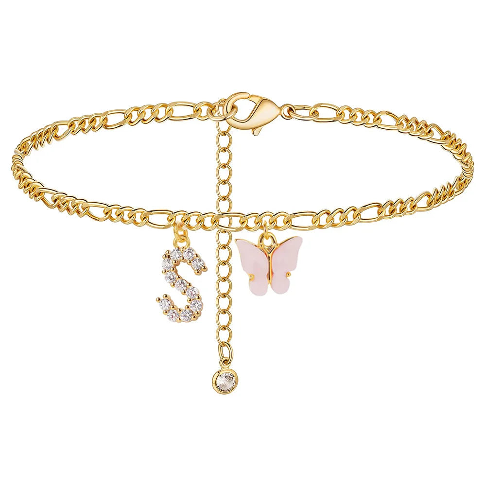 Butterfly Cuban Link Anklet A-Z Letter Initial Anklets Bracelet for Women Stainless Steel