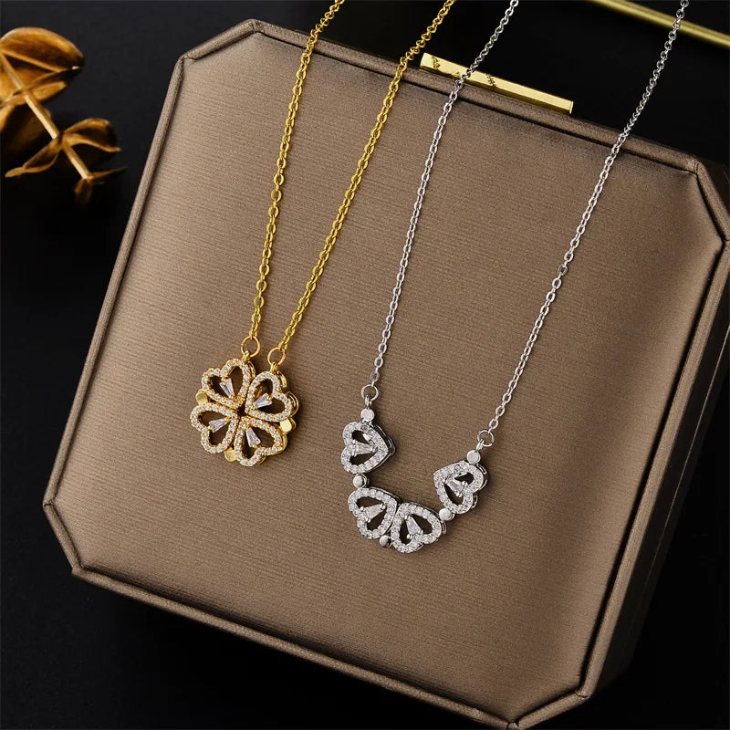 Magnet Four Heart Flower Pendant - Stainless Steel
