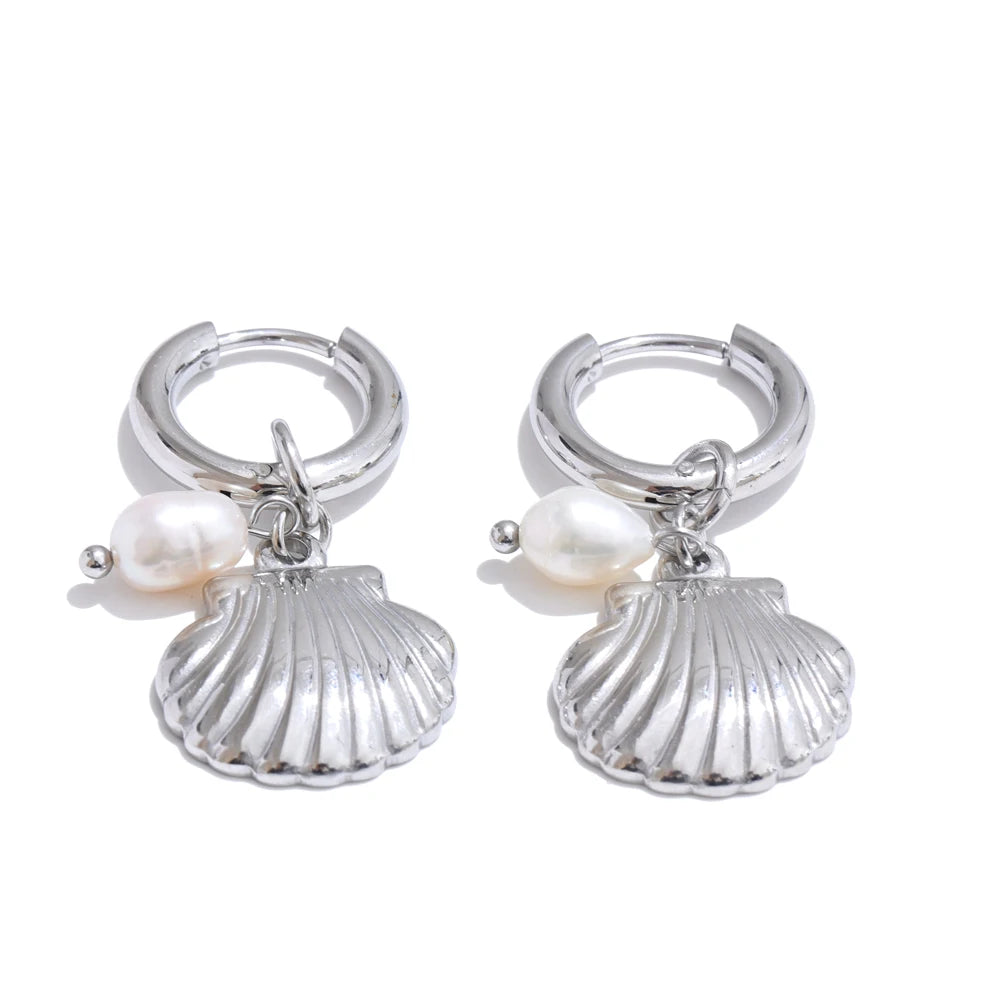 Ocean Style Pearl Conch Starfish Earrings | Stainless Steel