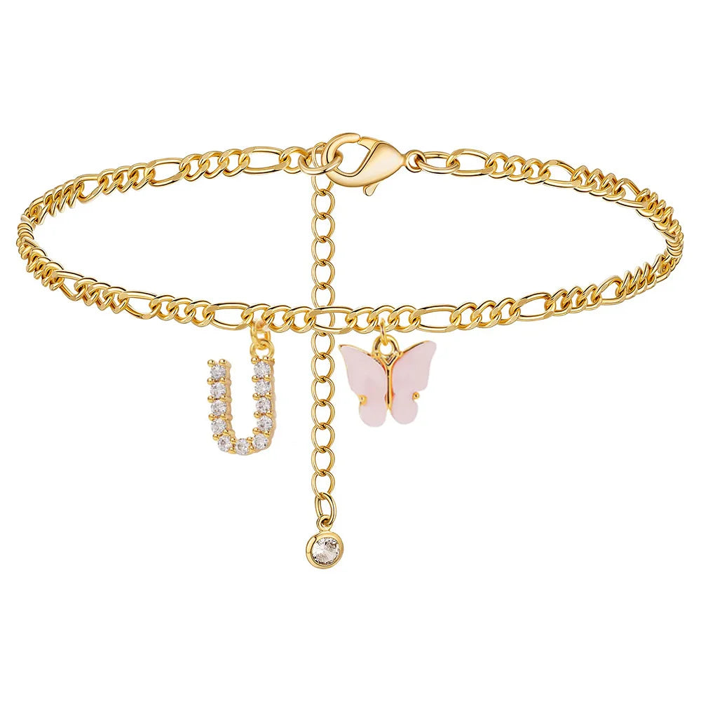 Butterfly Cuban Link Anklet A-Z Letter Initial Anklets Bracelet for Women Stainless Steel