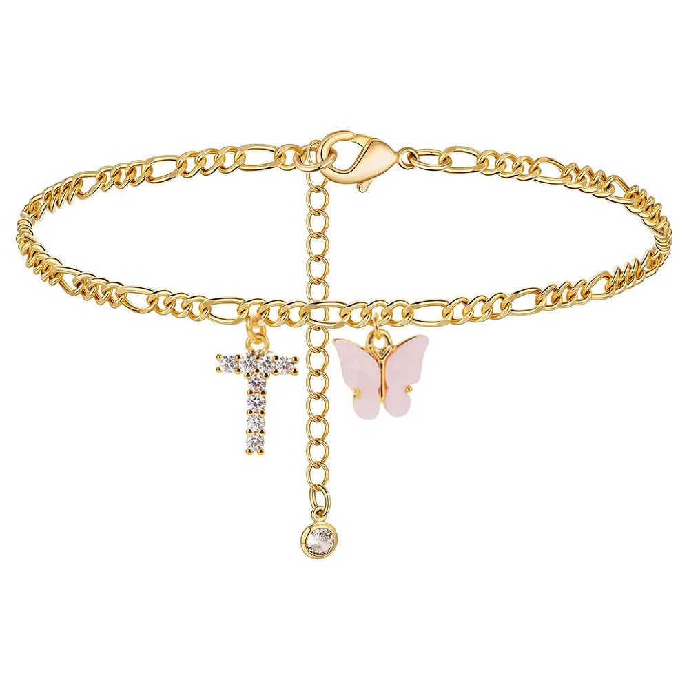 Butterfly Cuban Link Anklet A-Z Letter Initial Anklets Bracelet for Women Stainless Steel