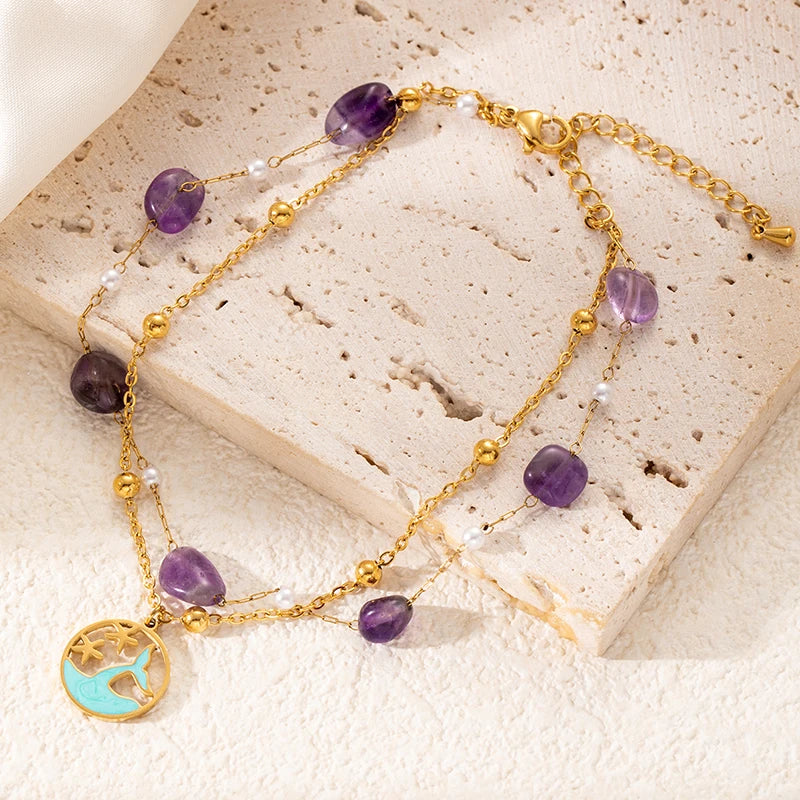 316L Stainless Steel Colorful Stone Fishtail Round Card Pendant Anklet