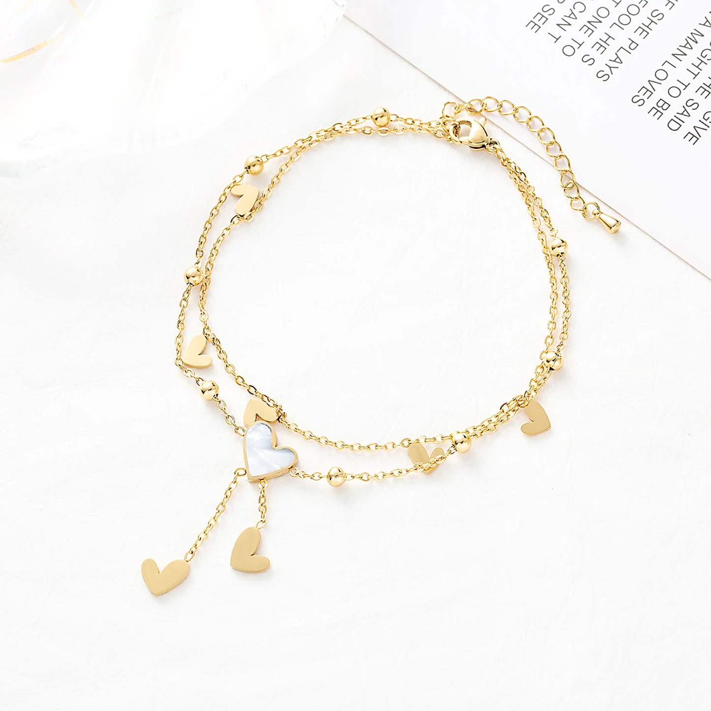 Shell Inlaid Heart Anklet | Golden Stainless Steel