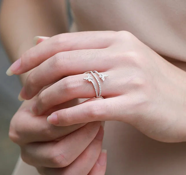 Elegant 925 Sterling Silver Zircon Double Butterfly Ring