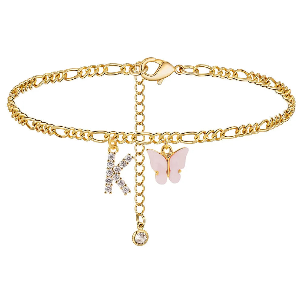 Butterfly Cuban Link Anklet A-Z Letter Initial Anklets Bracelet for Women Stainless Steel