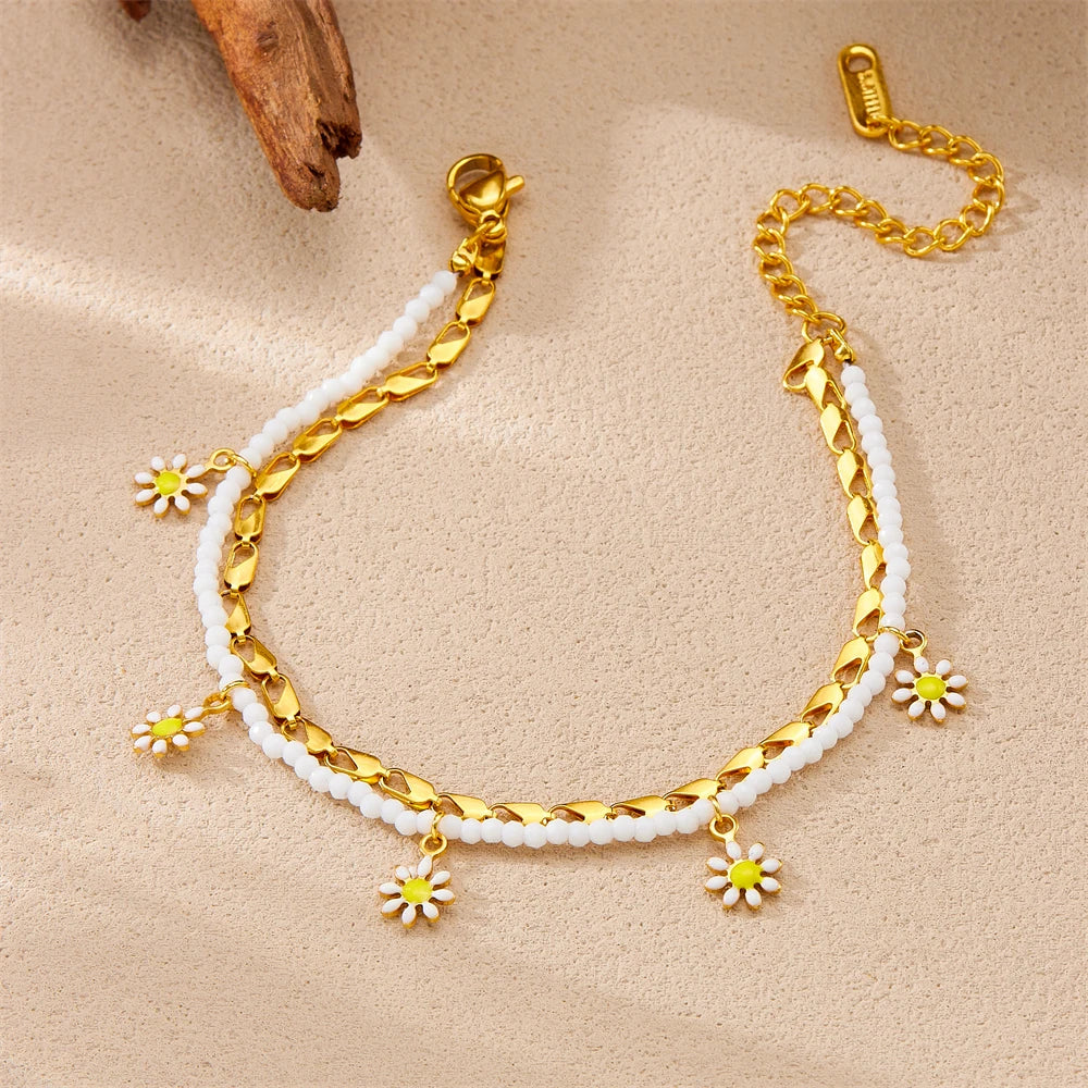316L Stainless Steel Summer Fresh 2-Chain Oil Drop Flower Pendant Anklets