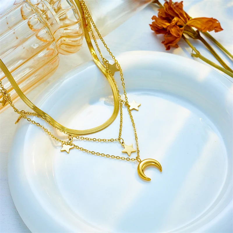 316L Stainless Steel, Moon Stars, Pendant Necklace, Gold Color,
