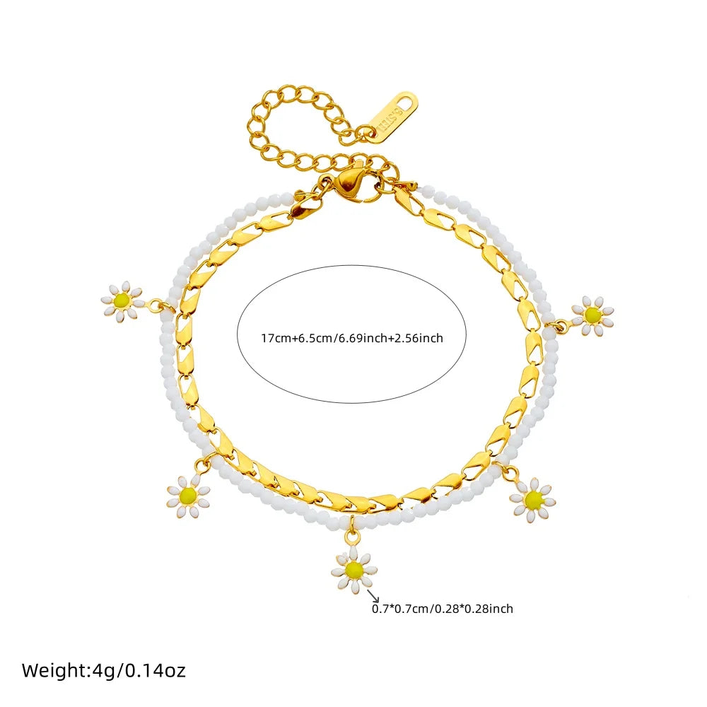 316L Stainless Steel Summer Fresh 2-Chain Oil Drop Flower Pendant Anklets