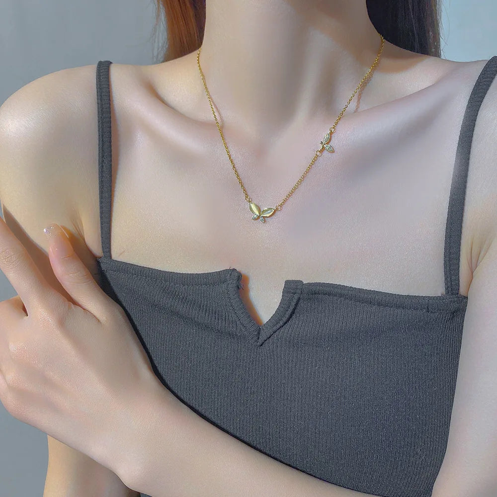 Butterfly Zircon Choker – Elegant Stainless Steel Pendant for Ladies