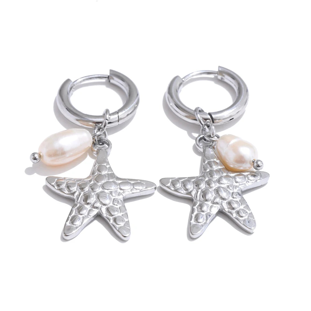 Ocean Style Pearl Conch Starfish Earrings | Stainless Steel