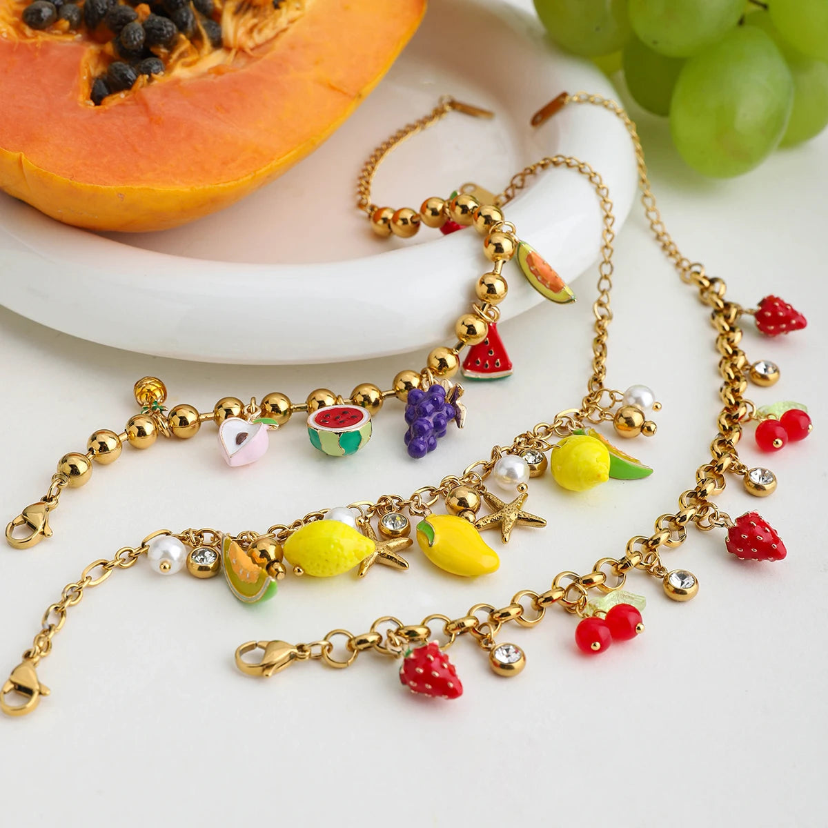 Stainless Steel 18K Gold Plated Fruity Charms Bracelet