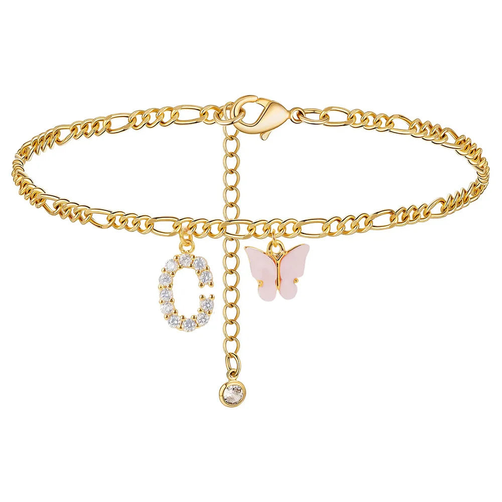 Butterfly Cuban Link Anklet A-Z Letter Initial Anklets Bracelet for Women Stainless Steel