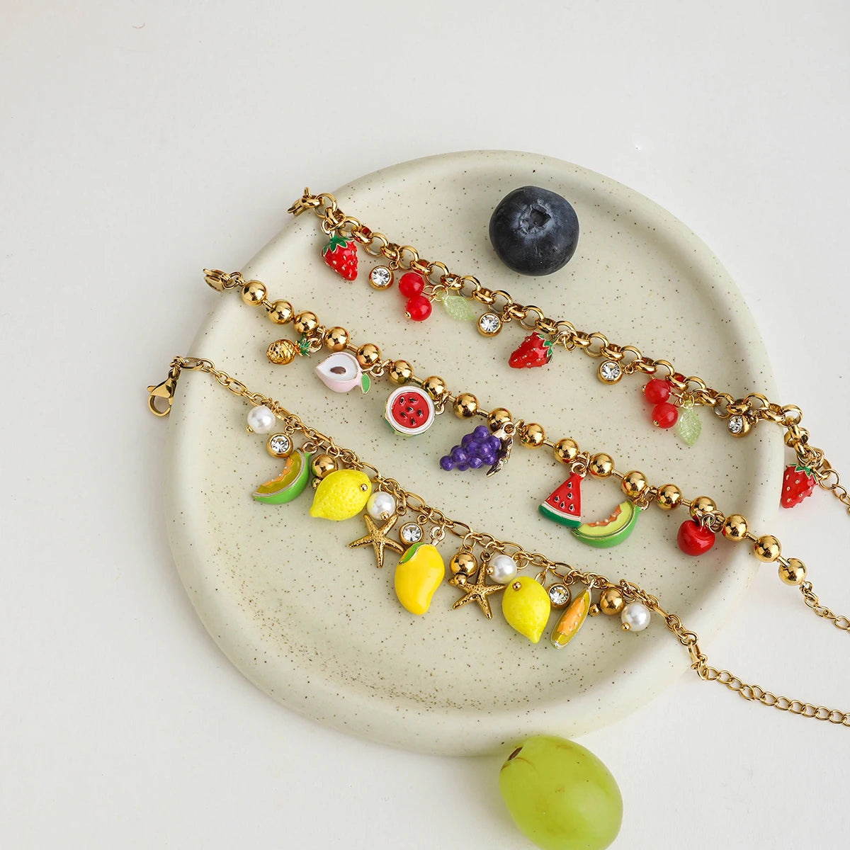 Stainless Steel 18K Gold Plated Fruity Charms Bracelet