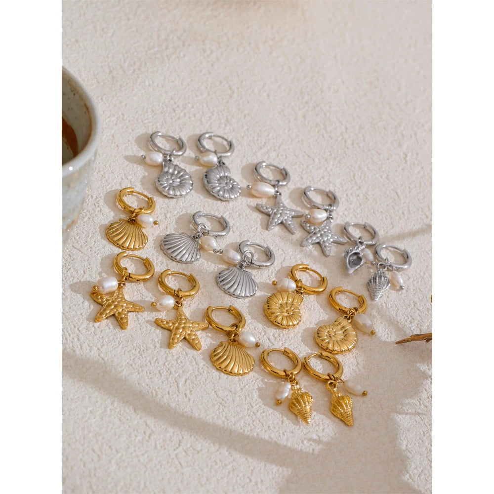 Ocean Style Pearl Conch Starfish Earrings | Stainless Steel