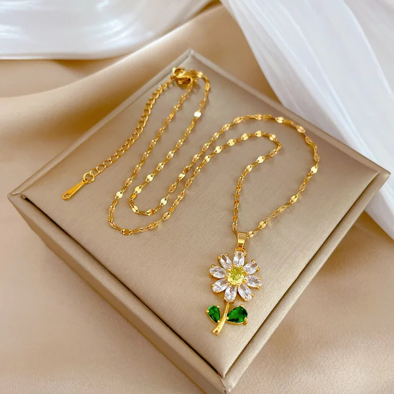White-Green Sunflower Leaf Jewelry Set | Retro Stainless Steel Party