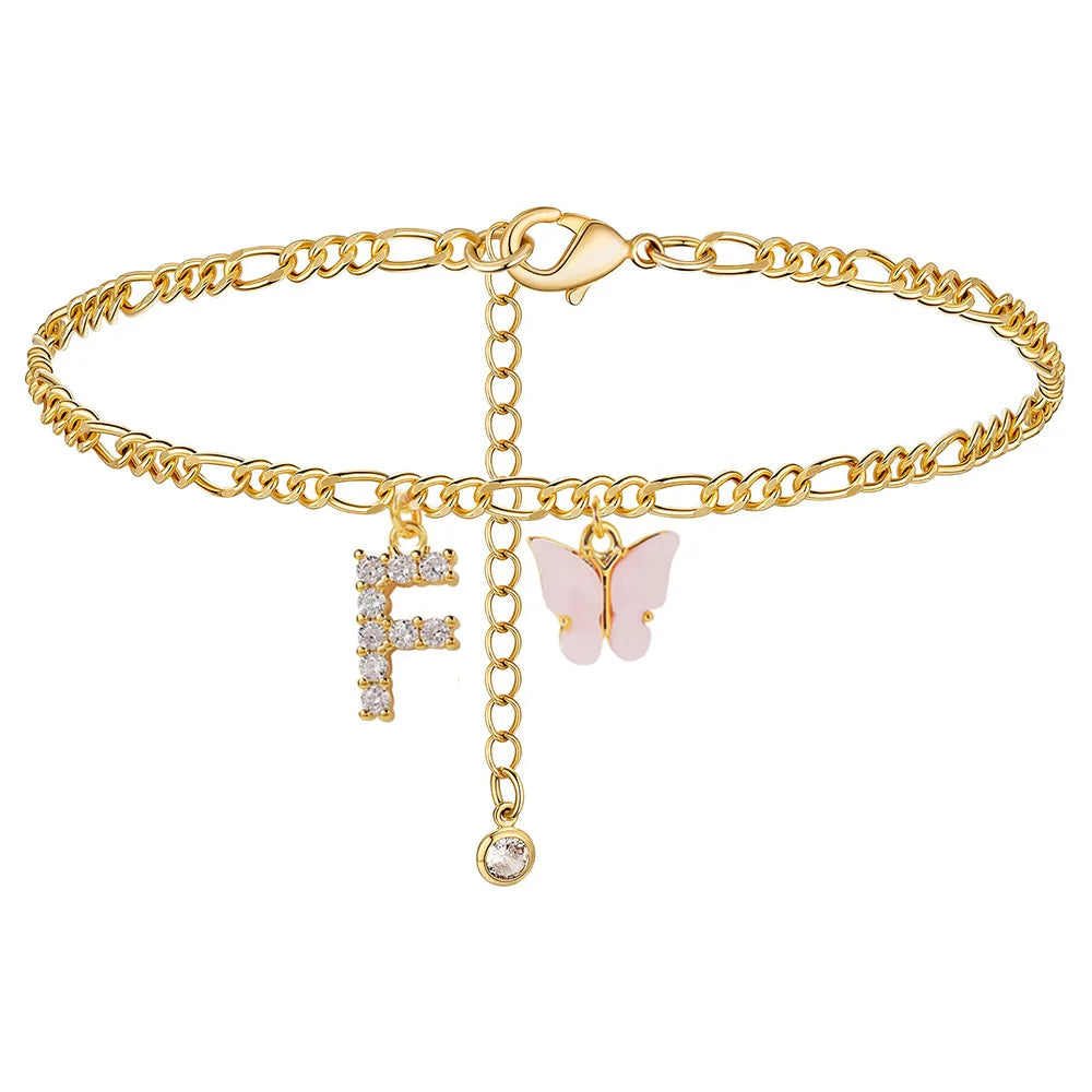 Butterfly Cuban Link Anklet A-Z Letter Initial Anklets Bracelet for Women Stainless Steel