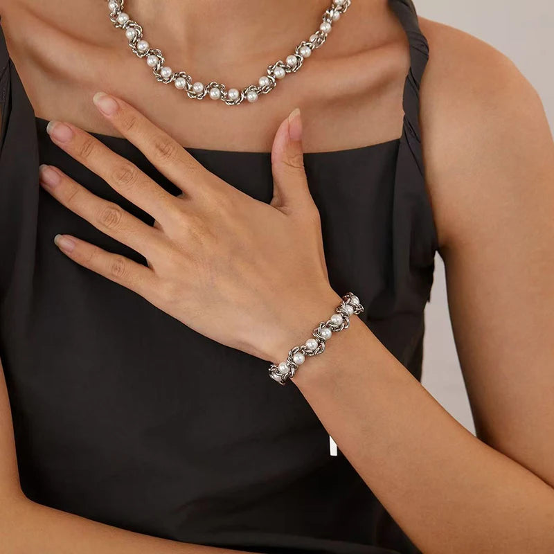 Pearl Chain Set – 316L Stainless Steel Silver Waterproof Jewelry for Women