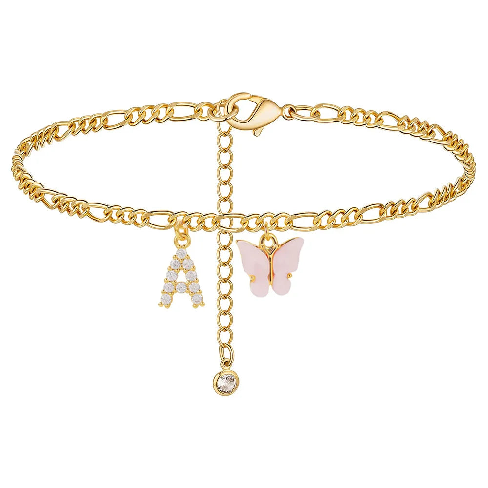 Butterfly Cuban Link Anklet A-Z Letter Initial Anklets Bracelet for Women Stainless Steel