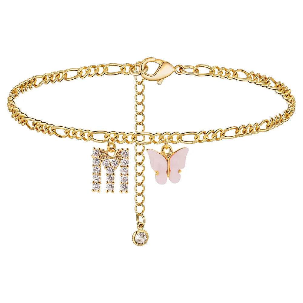 Butterfly Cuban Link Anklet A-Z Letter Initial Anklets Bracelet for Women Stainless Steel