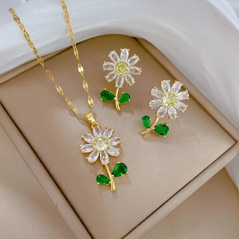White-Green Sunflower Leaf Jewelry Set | Retro Stainless Steel Party