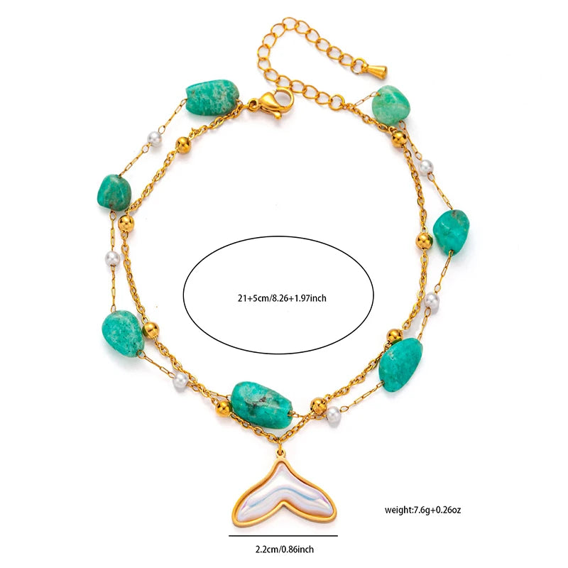 316L Stainless Steel Colorful Stone Fishtail Round Card Pendant Anklet