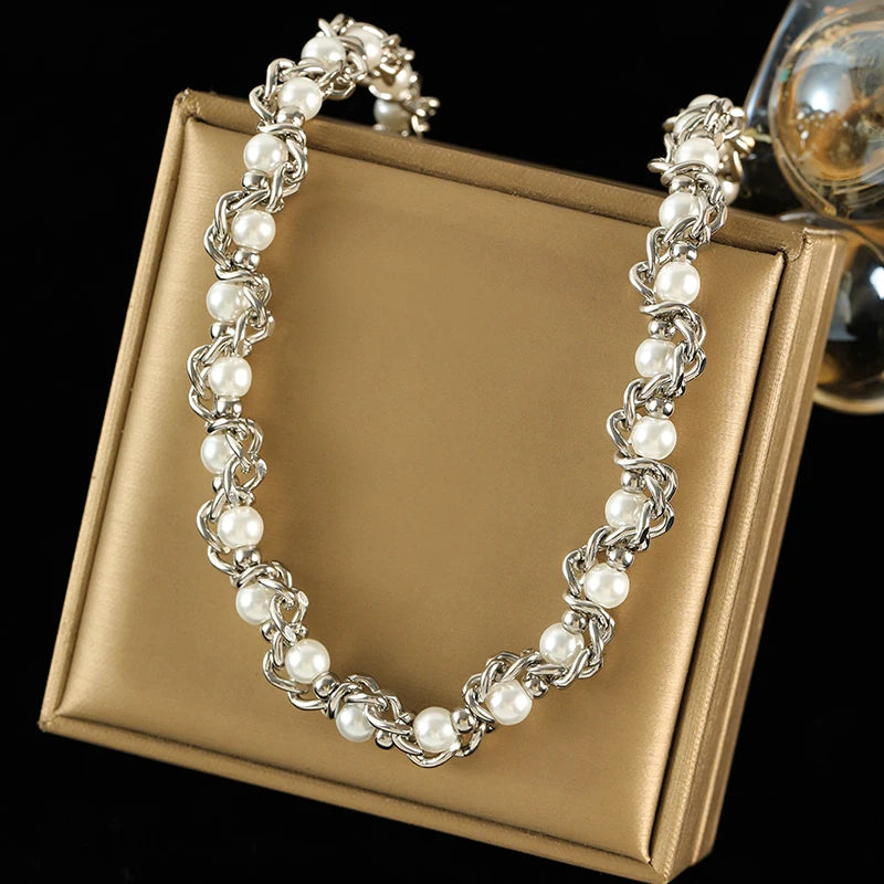 Pearl Chain Set – 316L Stainless Steel Silver Waterproof Jewelry for Women