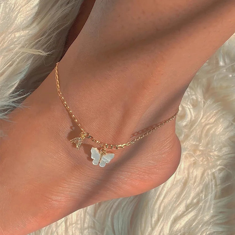 Butterfly Cuban Link Anklet A-Z Letter Initial Anklets Bracelet for Women Stainless Steel