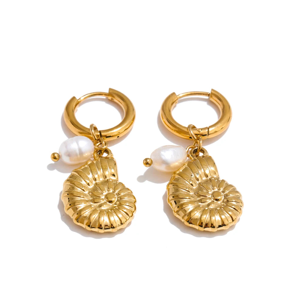 Ocean Style Pearl Conch Starfish Earrings | Stainless Steel