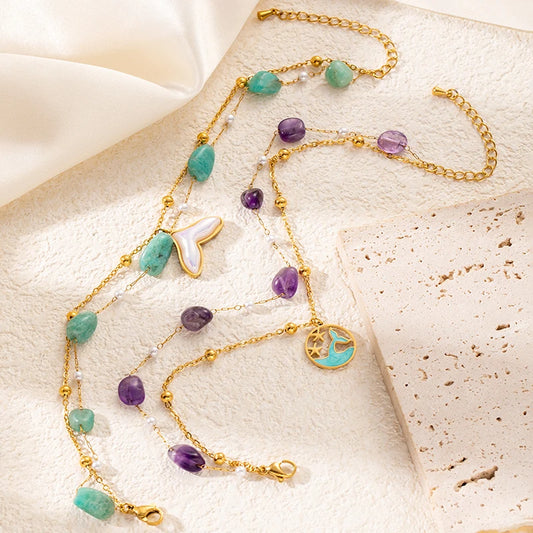 316L Stainless Steel Colorful Stone Fishtail Round Card Pendant Anklet