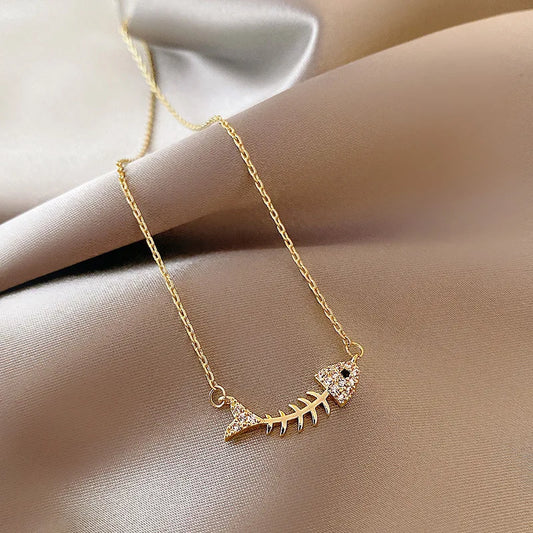 Sweet Fish Bone Zircon Clavicle Chain – Stainless Steel Minimalist Necklace