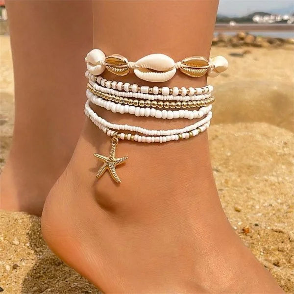 Shell Starfish Boho Anklet | Handmade Rice Beads Bracelet