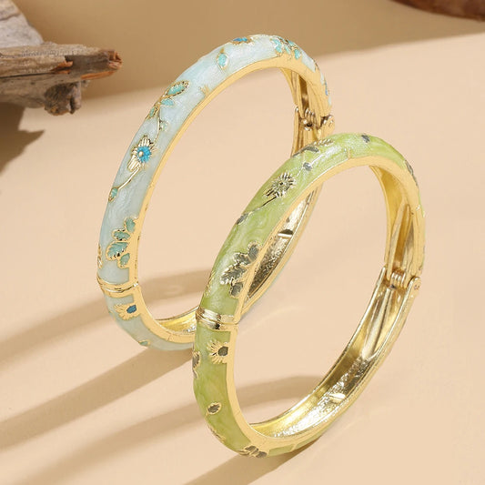 Stainless Steel Boho Floral Cloisonné Bangles – Vintage Luxury Set