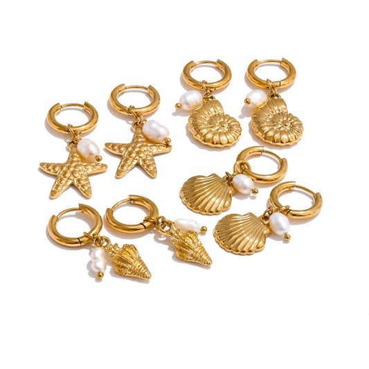 Ocean Style Pearl Conch Starfish Earrings | Stainless Steel