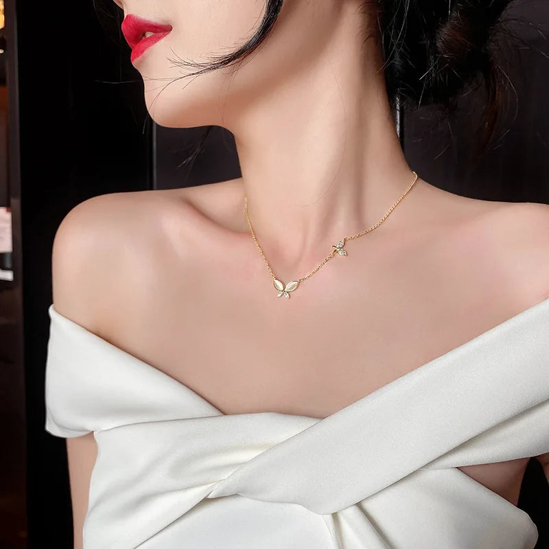 Butterfly Zircon Choker – Elegant Stainless Steel Pendant for Ladies