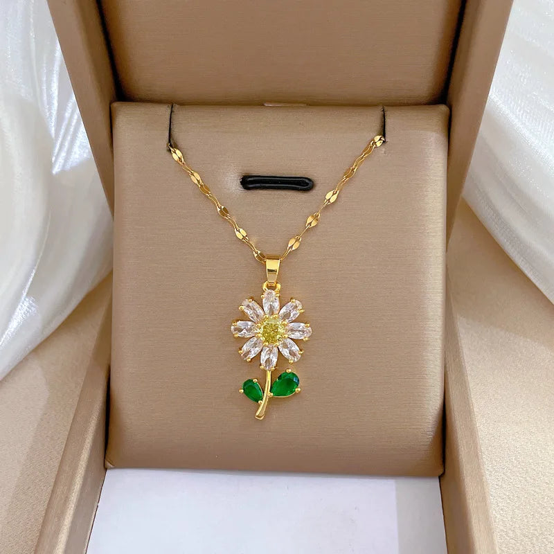 White-Green Sunflower Leaf Jewelry Set | Retro Stainless Steel Party