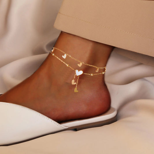 Shell Inlaid Heart Anklet | Golden Stainless Steel