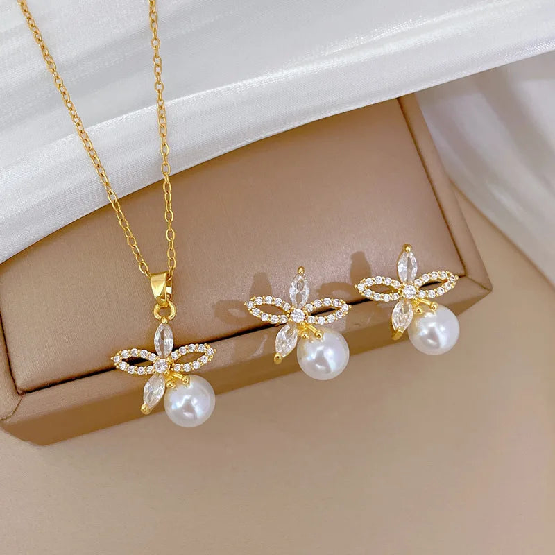 Stainless Steel Micro-Inlaid Flower Set | Pearl Girl Accessories