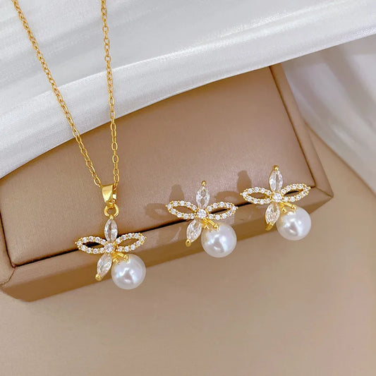 Stainless Steel Micro-Inlaid Flower Set | Pearl Girl Accessories