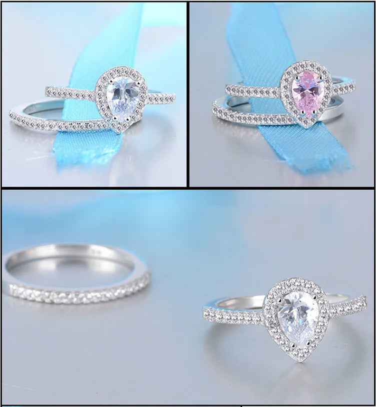 925 Sterling Silver Teardrop Zircon CZ Engagement & Wedding Ring Set