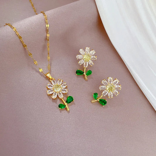 White-Green Sunflower Leaf Jewelry Set | Retro Stainless Steel Party