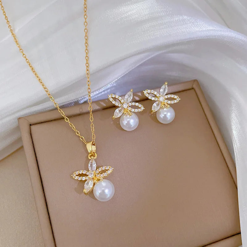 Stainless Steel Micro-Inlaid Flower Set | Pearl Girl Accessories