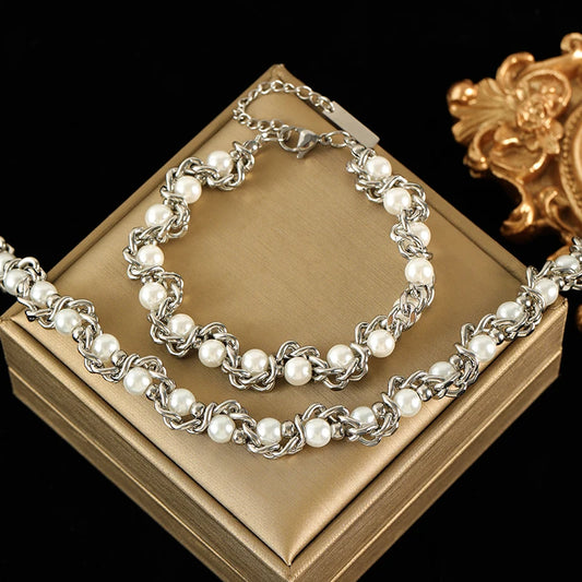 Pearl Chain Set – 316L Stainless Steel Silver Waterproof Jewelry for Women