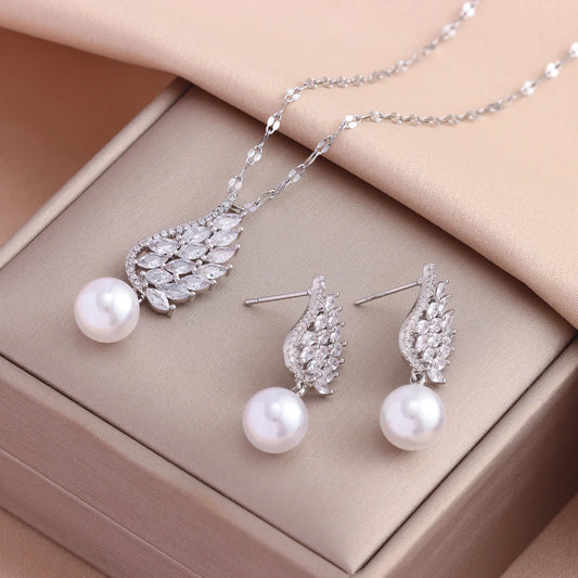 ✅ Zircon Wing Pearl Jewelry Set | Luxury Stainless Steel Daily Wear