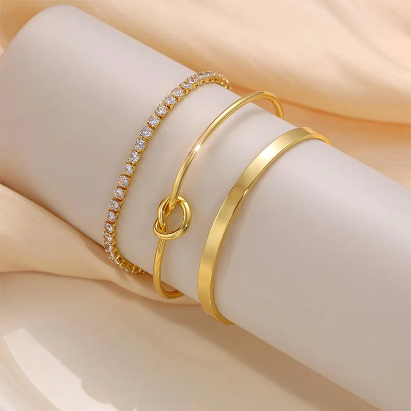 Stainless Steel 18K Gold Plated Luxe Sparkle Bangles Set
