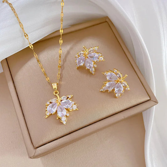 Luxury Maple Leaf AAA Zircon Jewelry Set | Titanium Steel by ZAKOL