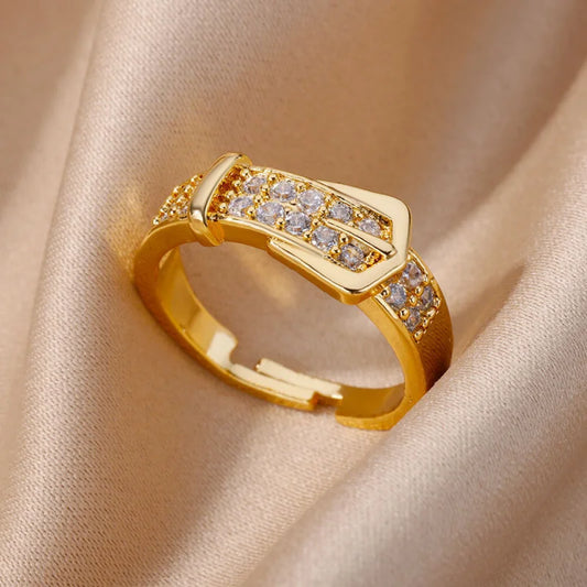 Chic Gold Buckle Zircon Adjustable Ring