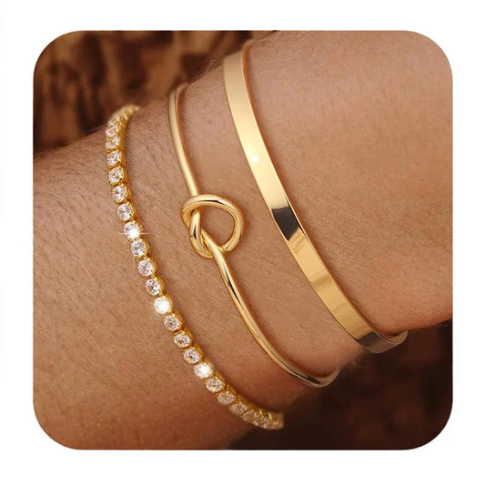 Stainless Steel 18K Gold Plated Luxe Sparkle Bangles Set
