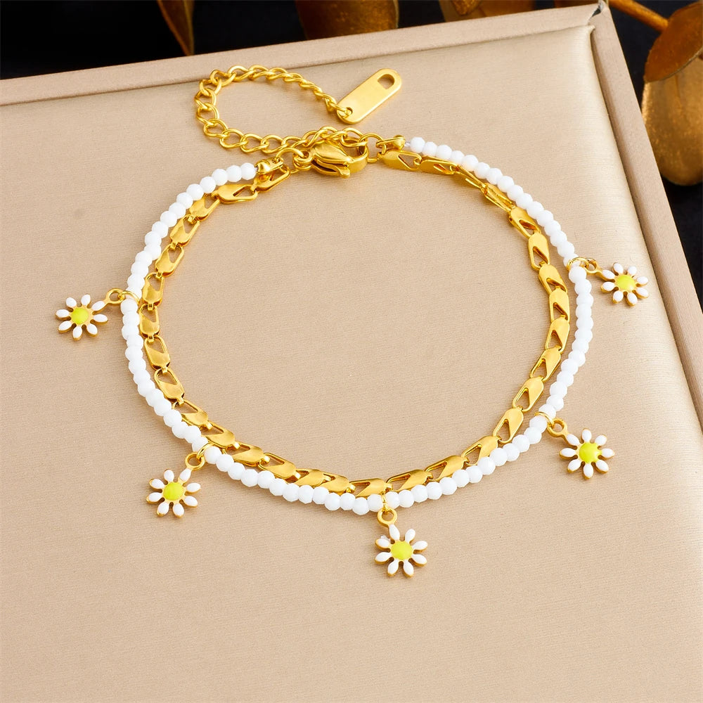 316L Stainless Steel Summer Fresh 2-Chain Oil Drop Flower Pendant Anklets