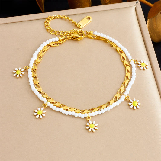 316L Stainless Steel Summer Fresh 2-Chain Oil Drop Flower Pendant Anklets